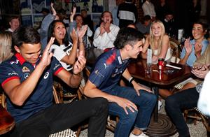 MELBOURNE, AUSTRALIA - DECEMBER 09: Reef McInnes celebrates as his name is read out during the NAB AFL Draft on December 09, 2020 in Melbourne, Australia. (Photo by Michael Willson/AFL Photos via Getty Images)