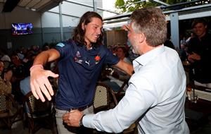 MELBOURNE, AUSTRALIA - DECEMBER 09: Archie Perkins celebrates as his name is called out during the NAB AFL Draft on December 09, 2020 in Melbourne, Australia. (Photo by Michael Willson/AFL Photos via Getty Images)