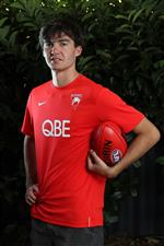 PERTH, AUSTRALIA - DECEMBER 09: Logan McDonald poses following the 2020 AFL Draft virtual event, at his home on December 09, 2020 in Perth, Australia. (Photo by Paul Kane/AFL Photos/via Getty Images)