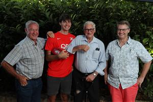 PERTH, AUSTRALIA - DECEMBER 09: Logan McDonald poses with his Grand Father Terry, Great Grand Father Tom and Father Darren following the 2020 AFL Draft virtual event, at his home on December 09, 2020 in Perth, Australia. (Photo by Paul Kane/AFL Photos/via Getty Images)