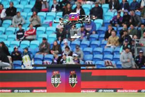 HOBART, AUSTRALIA - DECEMBER 10: A drone delivers the match ball during the Big Bash League match between the Hobart Hurricanes and Sydney Sixers at Blundstone Arena, on December 10, 2020, in Hobart, Australia. (Photo by Matt King/Getty Images)