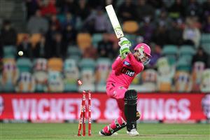 HOBART, AUSTRALIA - DECEMBER 10: Daniel Hughes of the Sixers is bowled by Riley Meredith of the Hurricanes during the Big Bash League match between the Hobart Hurricanes and Sydney Sixers at Blundstone Arena, on December 10, 2020, in Hobart, Australia. (Photo by Matt King/Getty Images)