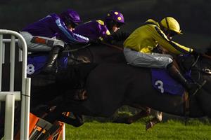 TAUNTON, ENGLAND - DECEMBER 10: A general view as runners clear a hurdle down the back straight in The Stables Business Park Novices' Handicap Hurdle at Taunton Racecourse on December 10, 2020 in Taunton, England. Owners and a limited number of the public are allowed to attend the meeting due to the Coronavirus pandemic. (Photo by Alan Crowhurst/Getty Images)