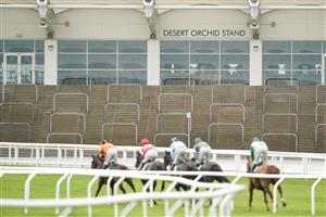 CHELTENHAM, ENGLAND - DECEMBER 11: Runners in The British EBF 'National Hunt' Novices' Hurdle make their way past the closed Desert Orchid Stand at Cheltenham Racecourse on December 11, 2020 in Cheltenham, England. Owners and a limited number of the public are allowed to attend the meeting due to the Coronavirus pandemic. (Photo by Alan Crowhurst/Getty Images)