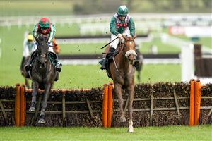 CHELTENHAM, ENGLAND - DECEMBER 11: Tom Scudamore riding Make Me A Believer (L) clear the last to win The British EBF 'National Hunt' Novices' Hurdle from Sam Twiston-Davies and Any News (R) at Cheltenham Racecourse on December 11, 2020 in Cheltenham, England. Owners and a limited number of the public are allowed to attend the meeting due to the Coronavirus pandemic. (Photo by Alan Crowhurst/Getty Images)