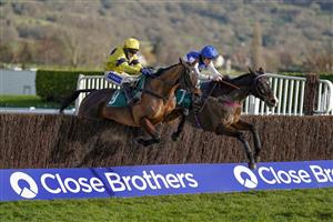 CHELTENHAM, ENGLAND - DECEMBER 12: Tom Scudamore riding Sky Pirate (yellow) clear the last to win The Spreadex Handicap Chase from Ibleo and Charlie Deutsch (R) at Cheltenham Racecourse on December 12, 2020 in Cheltenham, England. Owners and a limited number of the public are allowed to attend the meeting due to the Coronavirus pandemic. (Photo by Alan Crowhurst/Getty Images)