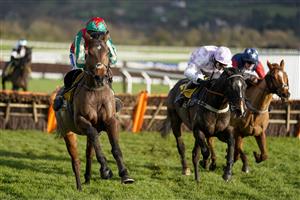 CHELTENHAM, ENGLAND - DECEMBER 12: Tom Scudamore riding Adagio (L) clear the last to win The JCB Triumph Trial Juvenile Hurdle at Cheltenham Racecourse on December 12, 2020 in Cheltenham, England. Owners and a limited number of the public are allowed to attend the meeting due to the Coronavirus pandemic. (Photo by Alan Crowhurst/Getty Images)