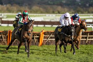 CHELTENHAM, ENGLAND - DECEMBER 12: Tom Scudamore riding Adagio (L) clear the last to win The JCB Triumph Trial Juvenile Hurdle at Cheltenham Racecourse on December 12, 2020 in Cheltenham, England. Owners and a limited number of the public are allowed to attend the meeting due to the Coronavirus pandemic. (Photo by Alan Crowhurst/Getty Images)
