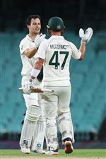 SYDNEY, AUSTRALIA - DECEMBER 13: Jack Wildermuth and Ben McDermott of Australia A celebrate their centuries during day three of the Tour Match between Australia A and India at Sydney Cricket Ground on December 13, 2020 in Sydney, Australia. (Photo by Brendon Thorne/Getty Images)