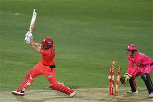 HOBART, AUSTRALIA - DECEMBER 13: Shaun Marsh of the Renegades is bowled during the Big Bash League match between the Sydney Sixers and the Melbourne Renegades at Blundstone Arena, on December 13, 2020, in Hobart, Australia. (Photo by Steve Bell/Getty Images)