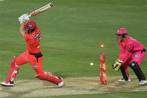 HOBART, AUSTRALIA - DECEMBER 13: Shaun Marsh of the Renegades is bowled during the Big Bash League match between the Sydney Sixers and the Melbourne Renegades at Blundstone Arena, on December 13, 2020, in Hobart, Australia. (Photo by Steve Bell/Getty Images)