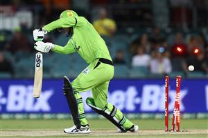 CANBERRA, AUSTRALIA - DECEMBER 14: Alex Hales of the Thunder is bowled by Jack Wildermuth of the Heat during the Big Bash League match between the Sydney Thunder and the Brisbane Heat at Manuka Oval, on December 14, 2020, in Canberra, Australia. (Photo by Brendon Thorne/Getty Images)