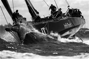 SYDNEY, AUSTRALIA - DECEMBER 08: (EDITORS NOTE: Image has been converted to black and white.) Super maxi InfoTrack races during the 2020 Big Boat Challenge on Sydney Harbour on December 08, 2020 in Sydney, Australia. (Photo by Mark Metcalfe/Getty Images)