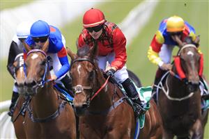 SYDNEY, AUSTRALIA - DECEMBER 12: Billy Cray on Remlaps Gem (red silks) wins race 1 the TAB Highway Class 3 Plate during Sydney Racing at Royal Randwick Racecourse on November 28, 2020 in Sydney, Australia. (Photo by Mark Evans/Getty Images)