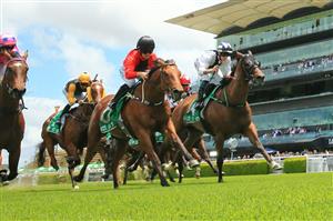 SYDNEY, AUSTRALIA - DECEMBER 12: Robbie Dolan on Crackneck (R) wins race 2 the Farewell Pat Webster Highway Class 3 Plate during Sydney Racing at Royal Randwick on November 28, 2020 in Sydney, Australia. (Photo by Mark Evans/Getty Images)