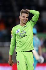 CANBERRA, AUSTRALIA - DECEMBER 14: Chris Green of the Thunder
celebrates after claiming the wicket of Chris Lynn of the Heat during the Big Bash League match between the Sydney Thunder and the Brisbane Heat at Manuka Oval, on December 14, 2020, in Canberra, Australia. (Photo by Brendon Thorne/Getty Images)