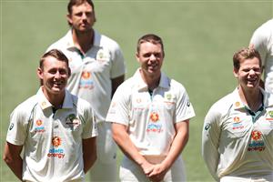 ADELAIDE, AUSTRALIA - DECEMBER 15: (L-R) Marnus Labuschagne of Australia, Marcus Harris of Australia and Steve Smith of Australia looks on during an Australian nets session at Adelaide Oval on December 15, 2020 in Adelaide, Australia. (Photo by Daniel Kalisz/Getty Images)