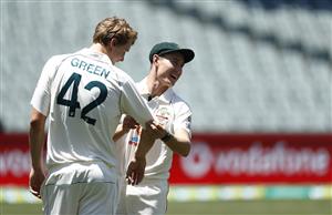 ADELAIDE, AUSTRALIA - DECEMBER 15: Cameron Green of Australia speaks to Marnus Labuschagne of Australia during an Australian Nets Session at Adelaide Oval on December 15, 2020 in Adelaide, Australia. (Photo by Ryan Pierse/Getty Images)