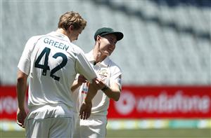 ADELAIDE, AUSTRALIA - DECEMBER 15: Cameron Green of Australia speaks to Marnus Labuschagne of Australia during an Australian Nets Session at Adelaide Oval on December 15, 2020 in Adelaide, Australia. (Photo by Ryan Pierse/Getty Images)