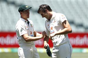 ADELAIDE, AUSTRALIA - DECEMBER 15: Pat Cummins of Australia speaks to Marnus Labuschagne of Australia during an Australian Nets Session at Adelaide Oval on December 15, 2020 in Adelaide, Australia. (Photo by Ryan Pierse/Getty Images)