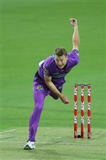 LAUNCESTON, AUSTRALIA - DECEMBER 15: Riley Meredith of the Hurricanes bowls during the Big Bash League match between Hobart Hurricanes and Adelaide Strikers at University of Tasmania Stadium, on December 15, 2020, in Launceston, Australia. (Photo by Matt King/Getty Images)