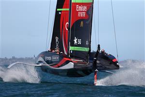 AUCKLAND, NEW ZEALAND - DECEMBER 15: Team New Zealand in action against Luna Rossa during a practice session ahead of the 2021 America's Cup on December 15, 2020 in Auckland, New Zealand. (Photo by Fiona Goodall/Getty Images)