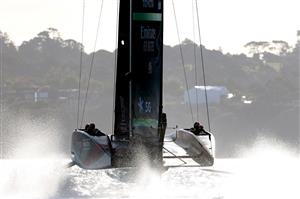 AUCKLAND, NEW ZEALAND - DECEMBER 15: Team New Zealand sail to the top mark during a practice session ahead of the 2021 America's Cup on December 15, 2020 in Auckland, New Zealand. (Photo by Fiona Goodall/Getty Images)
