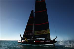 AUCKLAND, NEW ZEALAND - DECEMBER 15: Luna Rossa sail in past during a practice session ahead of the 2021 America's Cup on December 15, 2020 in Auckland, New Zealand. (Photo by Fiona Goodall/Getty Images)