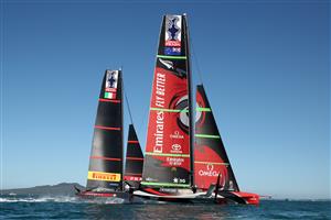 AUCKLAND, NEW ZEALAND - DECEMBER 15: Team New Zealand and Luna Rossa compete on the course during a practice session ahead of the 2021 America's Cup on December 15, 2020 in Auckland, New Zealand. (Photo by Fiona Goodall/Getty Images)
