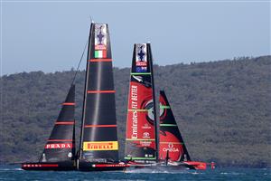 AUCKLAND, NEW ZEALAND - DECEMBER 15: Team New Zealand and Luna Rossa compete during a practice session ahead of the 2021 America's Cup on December 15, 2020 in Auckland, New Zealand. (Photo by Fiona Goodall/Getty Images)