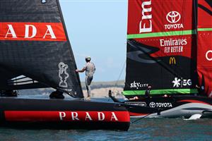 AUCKLAND, NEW ZEALAND - DECEMBER 15: Team New Zealand and Luna Rossa wait for the wind to pick up during a practice session ahead of the 2021 America's Cup on December 15, 2020 in Auckland, New Zealand. (Photo by Fiona Goodall/Getty Images)