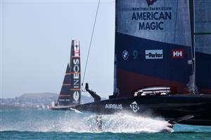 AUCKLAND, NEW ZEALAND - DECEMBER 15: American Magic races arounds the course during a practice session ahead of the 2021 America's Cup on December 15, 2020 in Auckland, New Zealand. (Photo by Fiona Goodall/Getty Images)