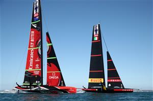 AUCKLAND, NEW ZEALAND - DECEMBER 15: Team New Zealand and Luna Rossa compete on the course during a practice session ahead of the 2021 America's Cup on December 15, 2020 in Auckland, New Zealand. (Photo by Fiona Goodall/Getty Images)