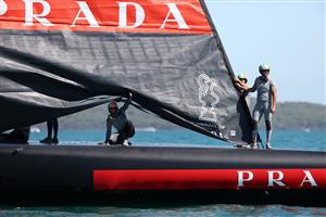 AUCKLAND, NEW ZEALAND - DECEMBER 15: Luna Rossa wait for the wind to pick up during a practice session ahead of the 2021 America's Cup on December 15, 2020 in Auckland, New Zealand. (Photo by Fiona Goodall/Getty Images)