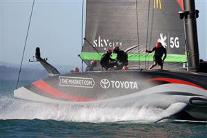 AUCKLAND, NEW ZEALAND - DECEMBER 15: Team New Zealand during a practice session ahead of the 2021 America's Cup on December 15, 2020 in Auckland, New Zealand. (Photo by Fiona Goodall/Getty Images)