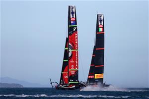 AUCKLAND, NEW ZEALAND - DECEMBER 15: Team New Zealand and Luna Rossa compete during a practice session ahead of the 2021 America's Cup on December 15, 2020 in Auckland, New Zealand. (Photo by Fiona Goodall/Getty Images)