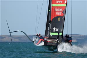 AUCKLAND, NEW ZEALAND - DECEMBER 15: Team New Zealand in action against Luna Rossa during a practice session ahead of the 2021 America's Cup on December 15, 2020 in Auckland, New Zealand. (Photo by Fiona Goodall/Getty Images)