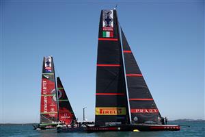 AUCKLAND, NEW ZEALAND - DECEMBER 15: Team New Zealand and Luna Rossa compete on the course during a practice session ahead of the 2021 America's Cup on December 15, 2020 in Auckland, New Zealand. (Photo by Fiona Goodall/Getty Images)