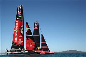 AUCKLAND, NEW ZEALAND - DECEMBER 15: Team New Zealand and Luna Rossa compete on the course during a practice session ahead of the 2021 America's Cup on December 15, 2020 in Auckland, New Zealand. (Photo by Fiona Goodall/Getty Images)