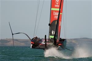 AUCKLAND, NEW ZEALAND - DECEMBER 15: Team New Zealand in action against Luna Rossa during a practice session ahead of the 2021 America's Cup on December 15, 2020 in Auckland, New Zealand. (Photo by Fiona Goodall/Getty Images)