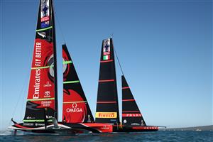 AUCKLAND, NEW ZEALAND - DECEMBER 15: Team New Zealand and Luna Rossa compete on the course during a practice session ahead of the 2021 America's Cup on December 15, 2020 in Auckland, New Zealand. (Photo by Fiona Goodall/Getty Images)
