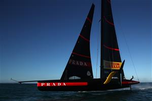 AUCKLAND, NEW ZEALAND - DECEMBER 15: Luna Rossa sail in past during a practice session ahead of the 2021 America's Cup on December 15, 2020 in Auckland, New Zealand. (Photo by Fiona Goodall/Getty Images)