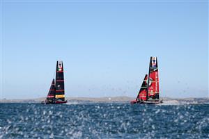 AUCKLAND, NEW ZEALAND - DECEMBER 15: Team New Zealand and Luna Rossa compete during a practice session ahead of the 2021 America's Cup on December 15, 2020 in Auckland, New Zealand. (Photo by Fiona Goodall/Getty Images)