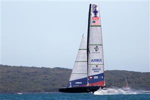AUCKLAND, NEW ZEALAND - DECEMBER 15: American Magic races arounds the course during a practice session ahead of the 2021 America's Cup on December 15, 2020 in Auckland, New Zealand. (Photo by Fiona Goodall/Getty Images)