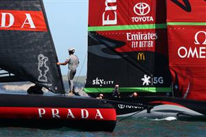 AUCKLAND, NEW ZEALAND - DECEMBER 15: Team New Zealand and Luna Rossa wait for the wind to pick up during a practice session ahead of the 2021 America's Cup on December 15, 2020 in Auckland, New Zealand. (Photo by Fiona Goodall/Getty Images)