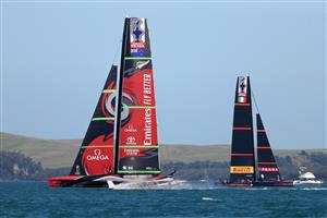 AUCKLAND, NEW ZEALAND - DECEMBER 15: Team New Zealand (L) and Luna Rossa (R) warm up during a practice session ahead of the 2021 America's Cup on December 15, 2020 in Auckland, New Zealand. (Photo by Fiona Goodall/Getty Images)