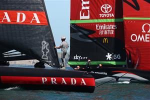 AUCKLAND, NEW ZEALAND - DECEMBER 15: Team New Zealand and Luna Rossa wait for the wind to pick up during a practice session ahead of the 2021 America's Cup on December 15, 2020 in Auckland, New Zealand. (Photo by Fiona Goodall/Getty Images)