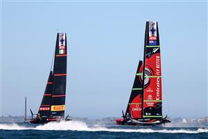 AUCKLAND, NEW ZEALAND - DECEMBER 15: Team New Zealand and Luna Rossa compete on the course during a practice session ahead of the 2021 America's Cup on December 15, 2020 in Auckland, New Zealand. (Photo by Fiona Goodall/Getty Images)