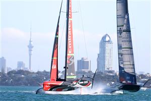 AUCKLAND, NEW ZEALAND - DECEMBER 15: Team New Zealand and American Magic (R) race during a practice session ahead of the 2021 America's Cup on December 15, 2020 in Auckland, New Zealand. (Photo by Fiona Goodall/Getty Images)