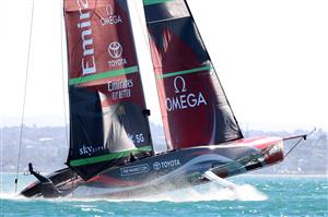 AUCKLAND, NEW ZEALAND - DECEMBER 15: Team New Zealand puts the brakes on during a practice session ahead of the 2021 America's Cup on December 15, 2020 in Auckland, New Zealand. (Photo by Fiona Goodall/Getty Images)
